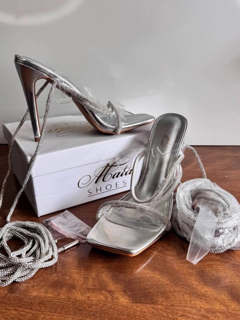 Mata Shoes Silver Rhinestone Wrap High Heel Sandals – Size 9